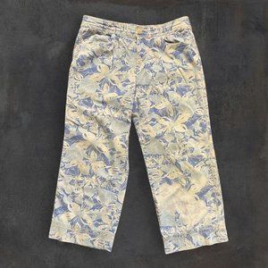 Sigrid Olsen So Blue Cropped Pants Womens Size 14P Blue White Flower 100% Cotton